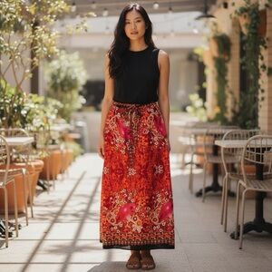 Handmade Bohemian Floral Parrot Print Maxi Skirt Multicolor Drawstring Waist